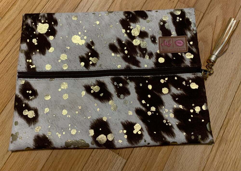 Makeup Junkie Bags Cow Print Gold Splatter Clutch Pouch 12x9
